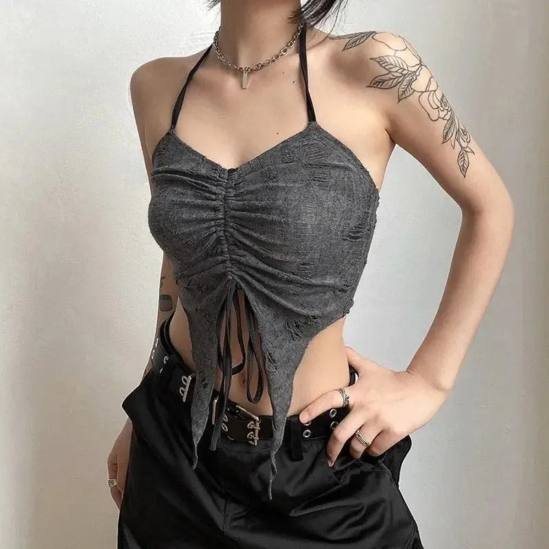 Gray Distressed Halter Neck Tie Crop Top for Edgy Fairy Aesthetic