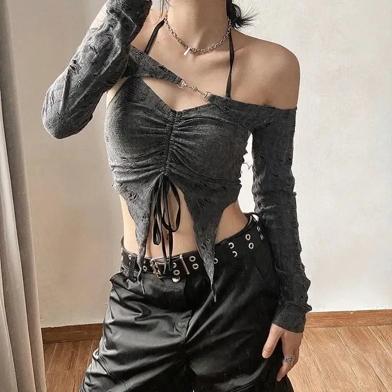 Gray Distressed Halter Neck Tie Crop Top for Edgy Fairy Aesthetic