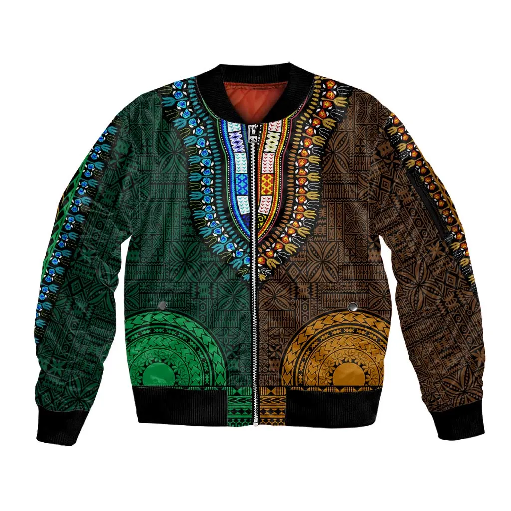 Green-gold Dashiki and Tapa Pattern Sleeve Zip Bomber Jacket Africa-Polynesia Together Culture LT9