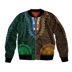Green-gold Dashiki and Tapa Pattern Sleeve Zip Bomber Jacket Africa-Polynesia Together Culture LT9