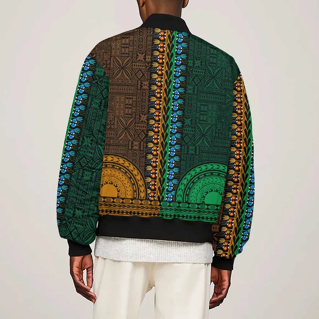 Green-gold Dashiki and Tapa Pattern Sleeve Zip Bomber Jacket Africa-Polynesia Together Culture LT9