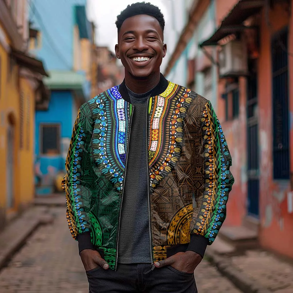 Green-gold Dashiki and Tapa Pattern Sleeve Zip Bomber Jacket Africa-Polynesia Together Culture LT9