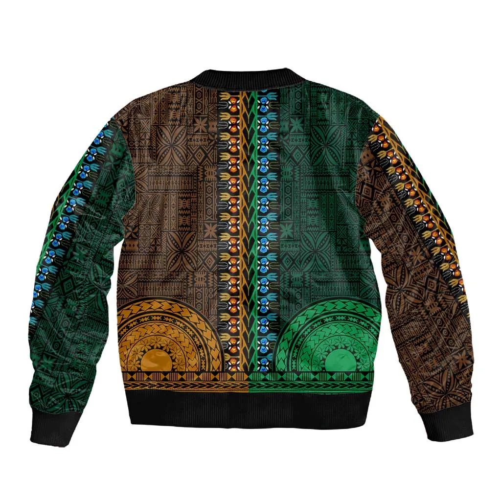 Green-gold Dashiki and Tapa Pattern Sleeve Zip Bomber Jacket Africa-Polynesia Together Culture LT9
