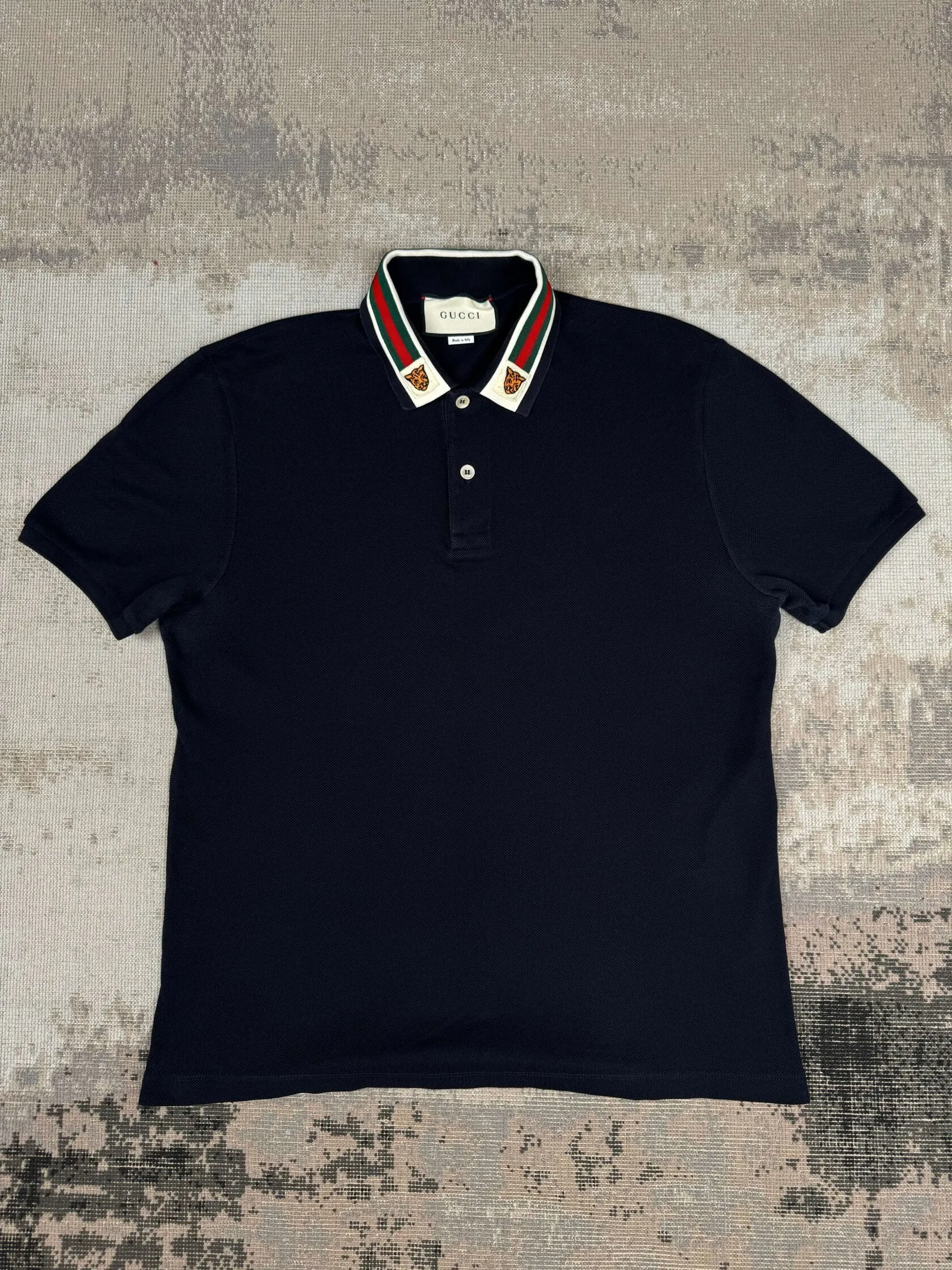 Gucci Stripe Tiger Embroidered Collar Polo - Navy
