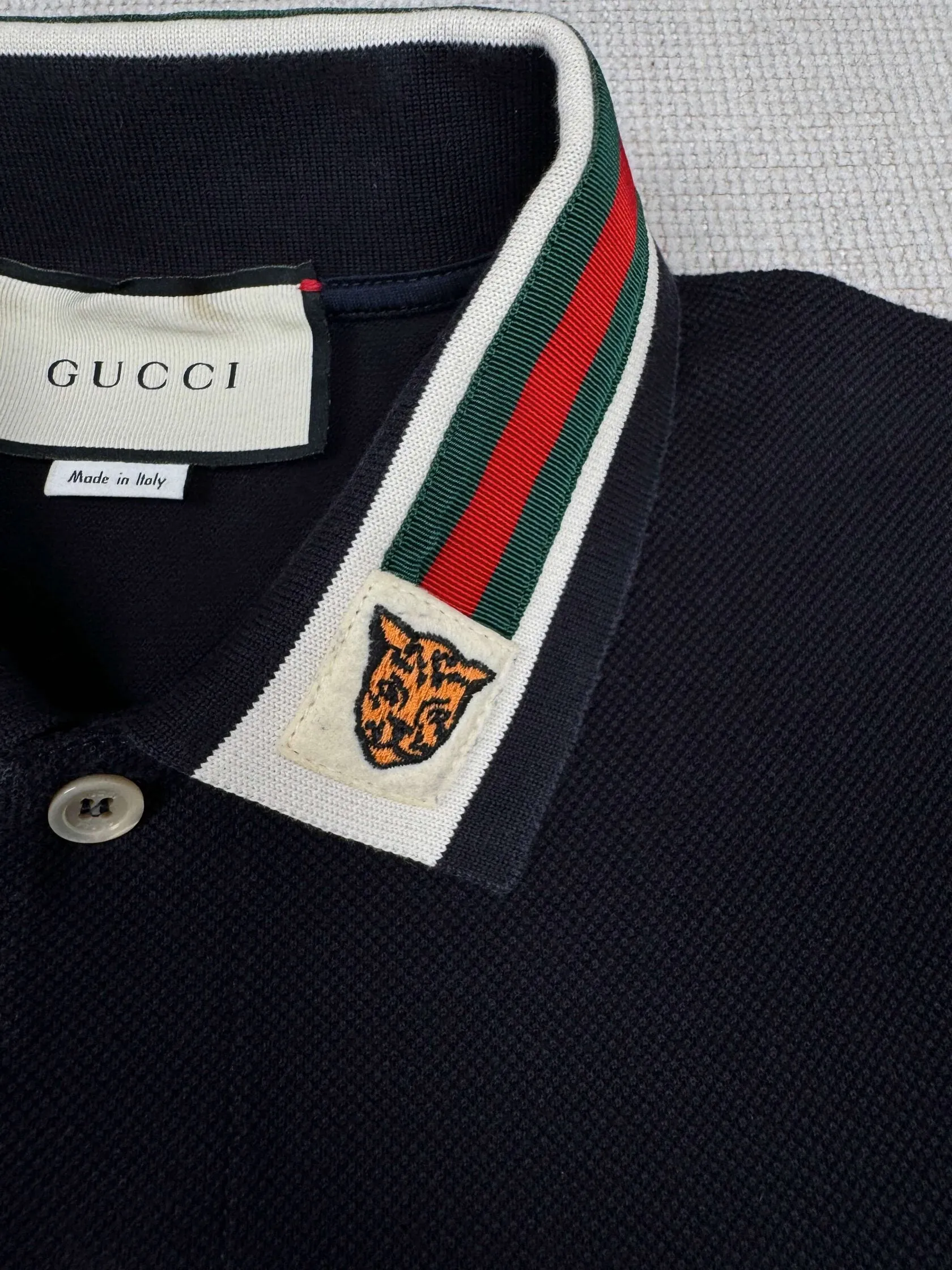 Gucci Stripe Tiger Embroidered Collar Polo - Navy