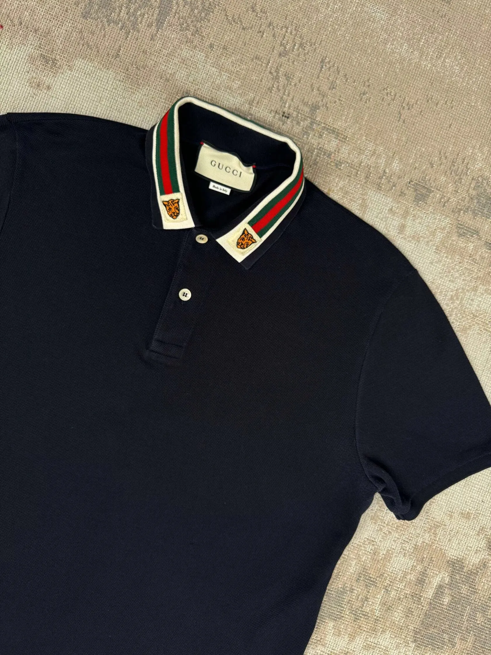 Gucci Stripe Tiger Embroidered Collar Polo - Navy