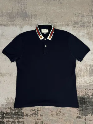 Gucci Stripe Tiger Embroidered Collar Polo - Navy