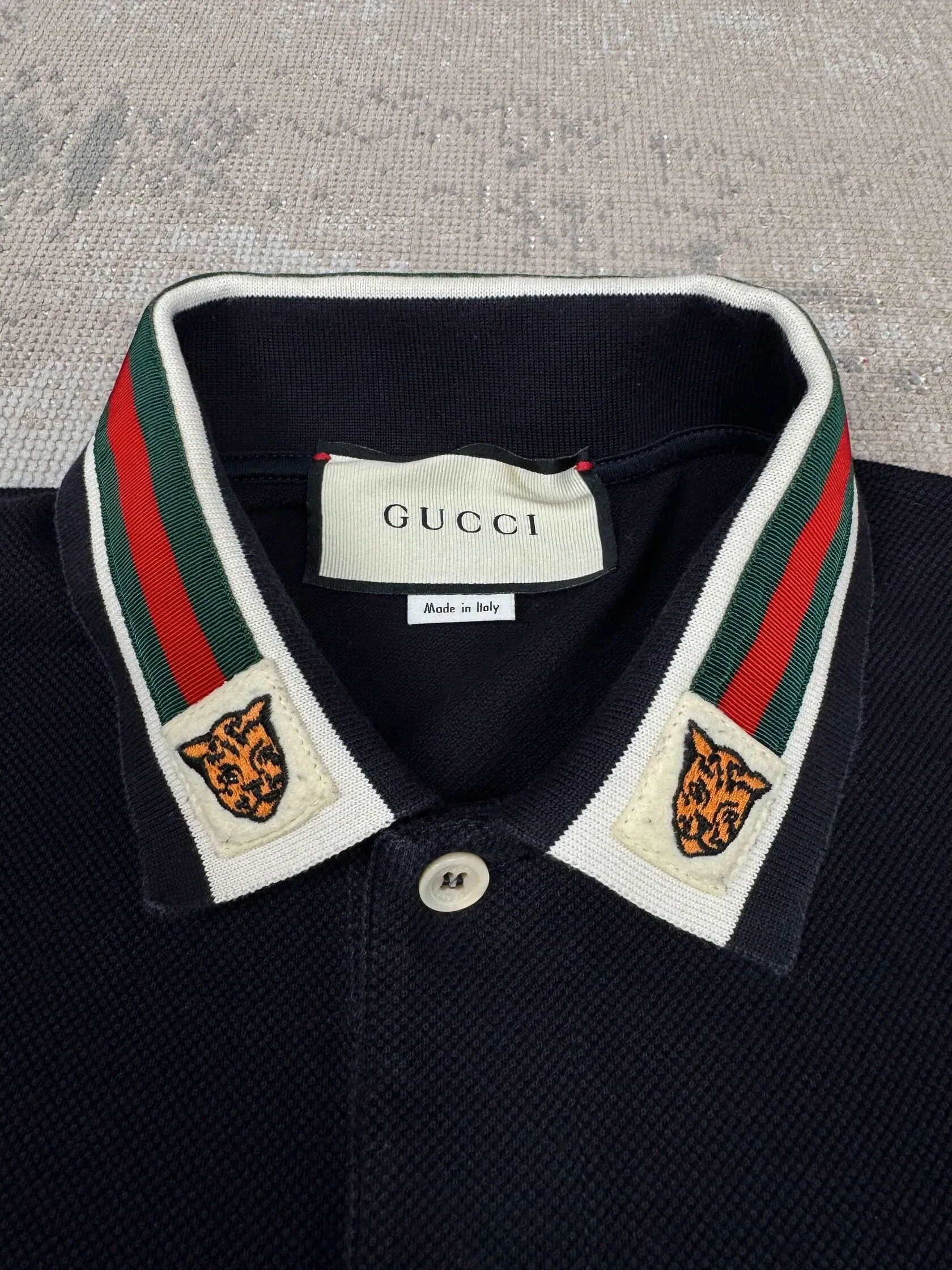 Gucci Stripe Tiger Embroidered Collar Polo - Navy