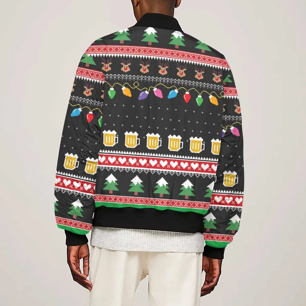 Ho Ho Ho Hold My Beer Santa Afro Sleeve Zip Bomber Jacket Christmas Beer DT03