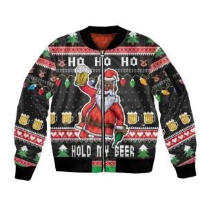 Ho Ho Ho Hold My Beer Santa Afro Sleeve Zip Bomber Jacket Christmas Beer DT03