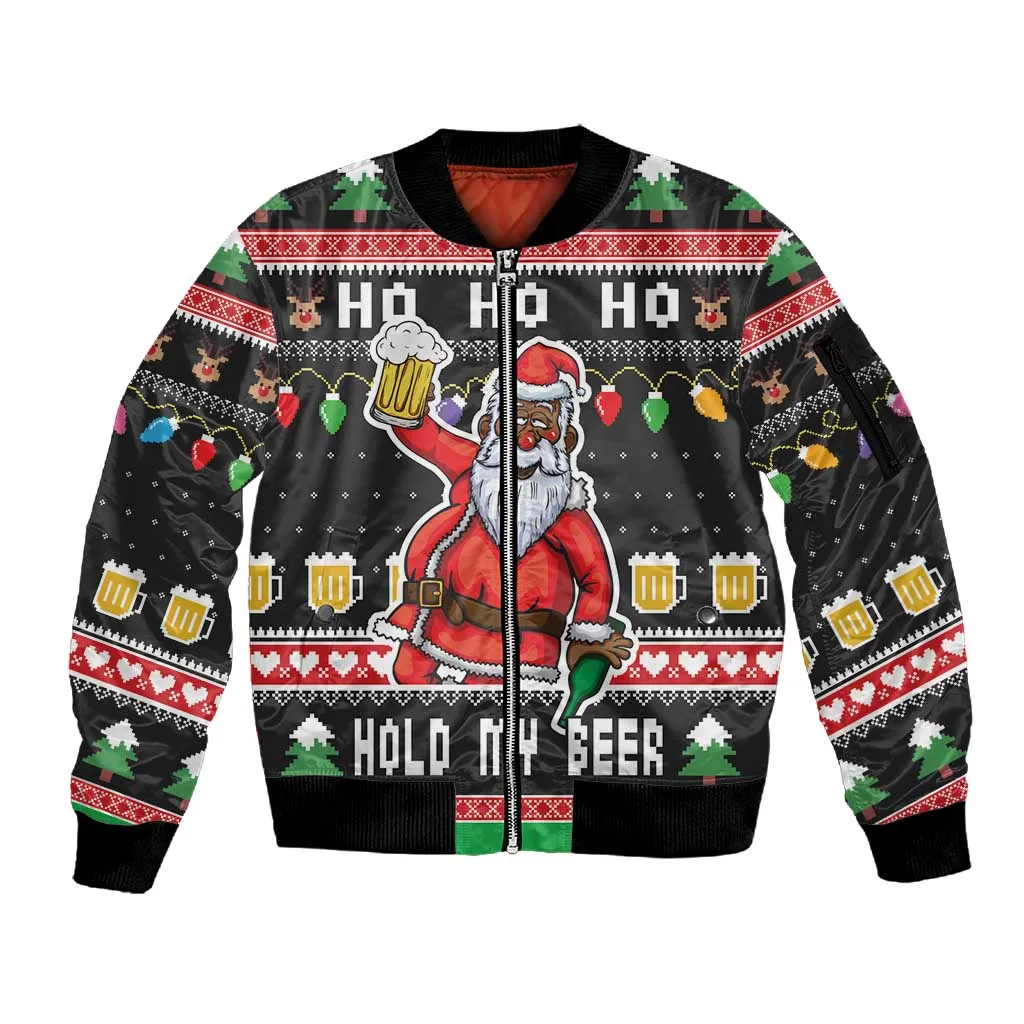 Ho Ho Ho Hold My Beer Santa Afro Sleeve Zip Bomber Jacket Christmas Beer DT03