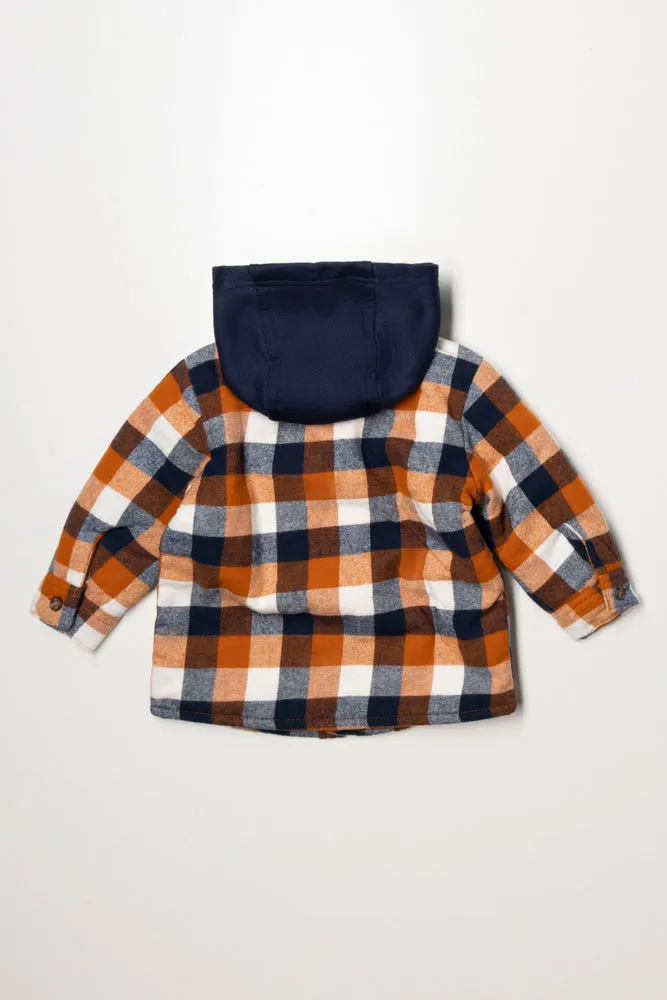 Hooded Check Shacket Rust & Navy