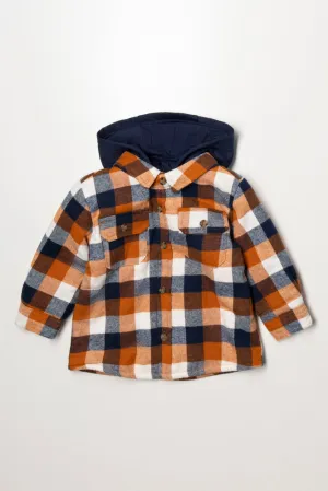 Hooded Check Shacket Rust & Navy