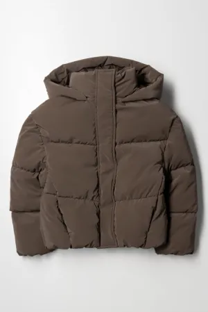 Hooded Puffer Jacket Brown