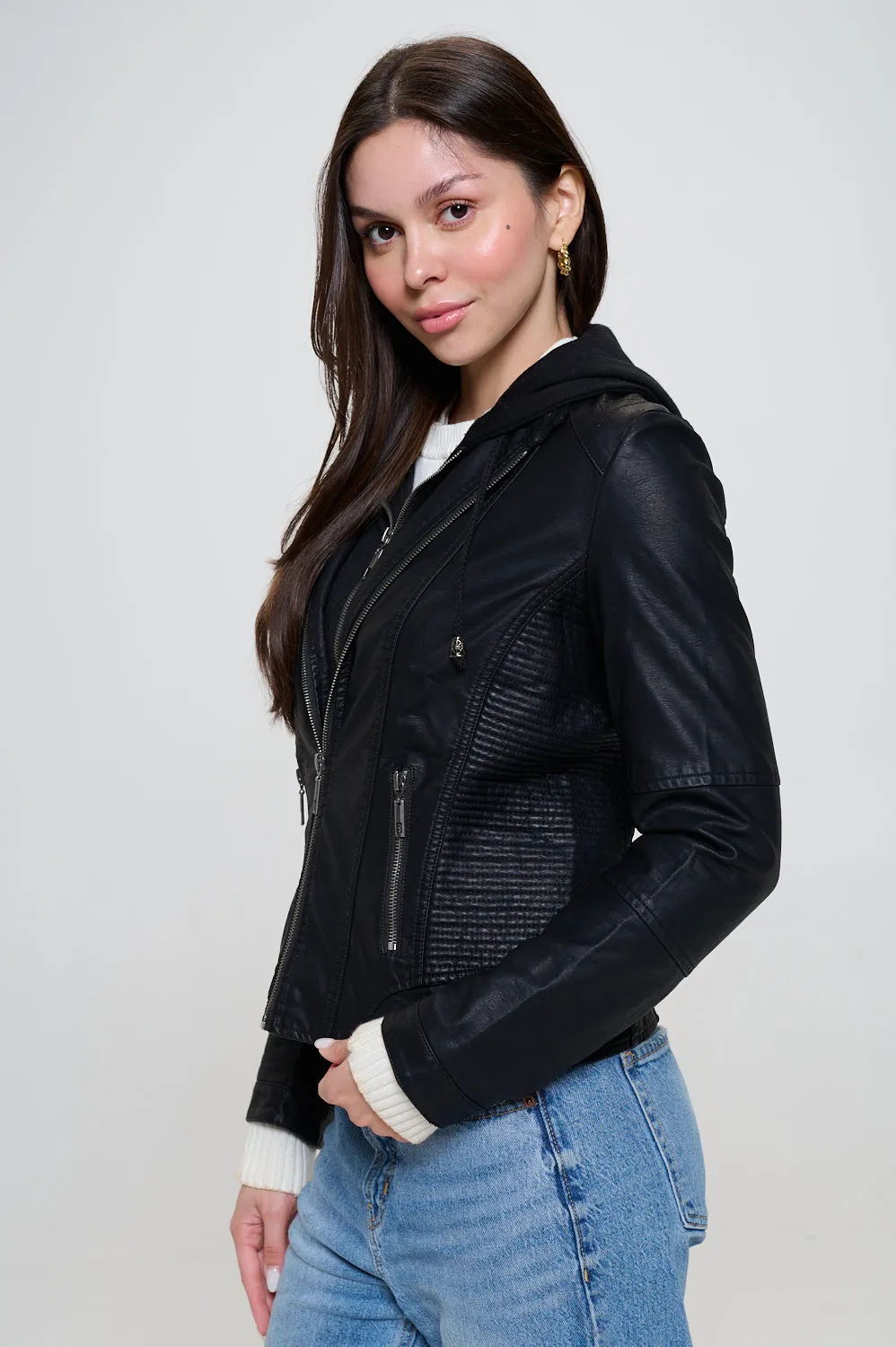 Hooded Vegan Leather Jacket - Black
