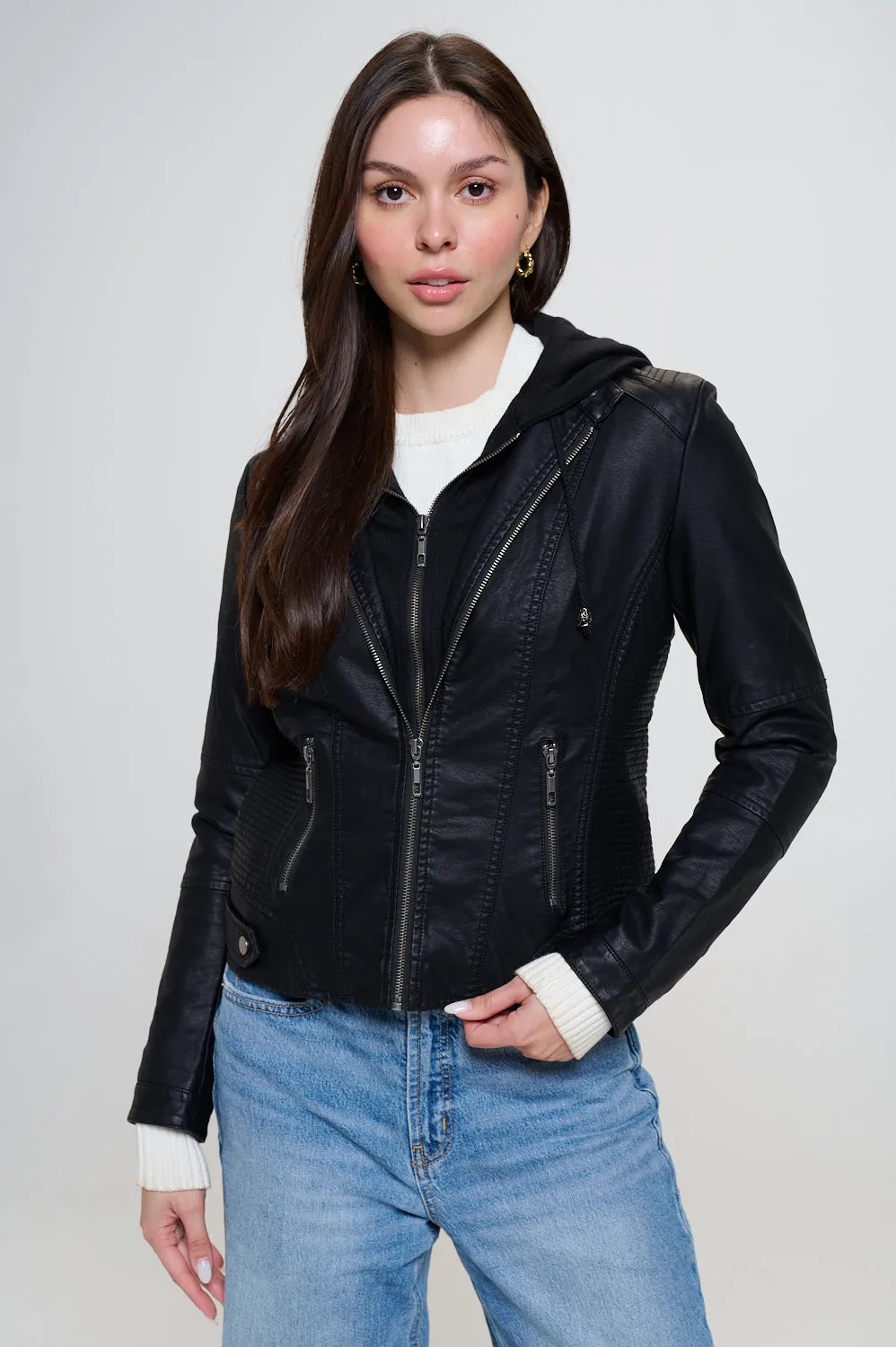 Hooded Vegan Leather Jacket - Black