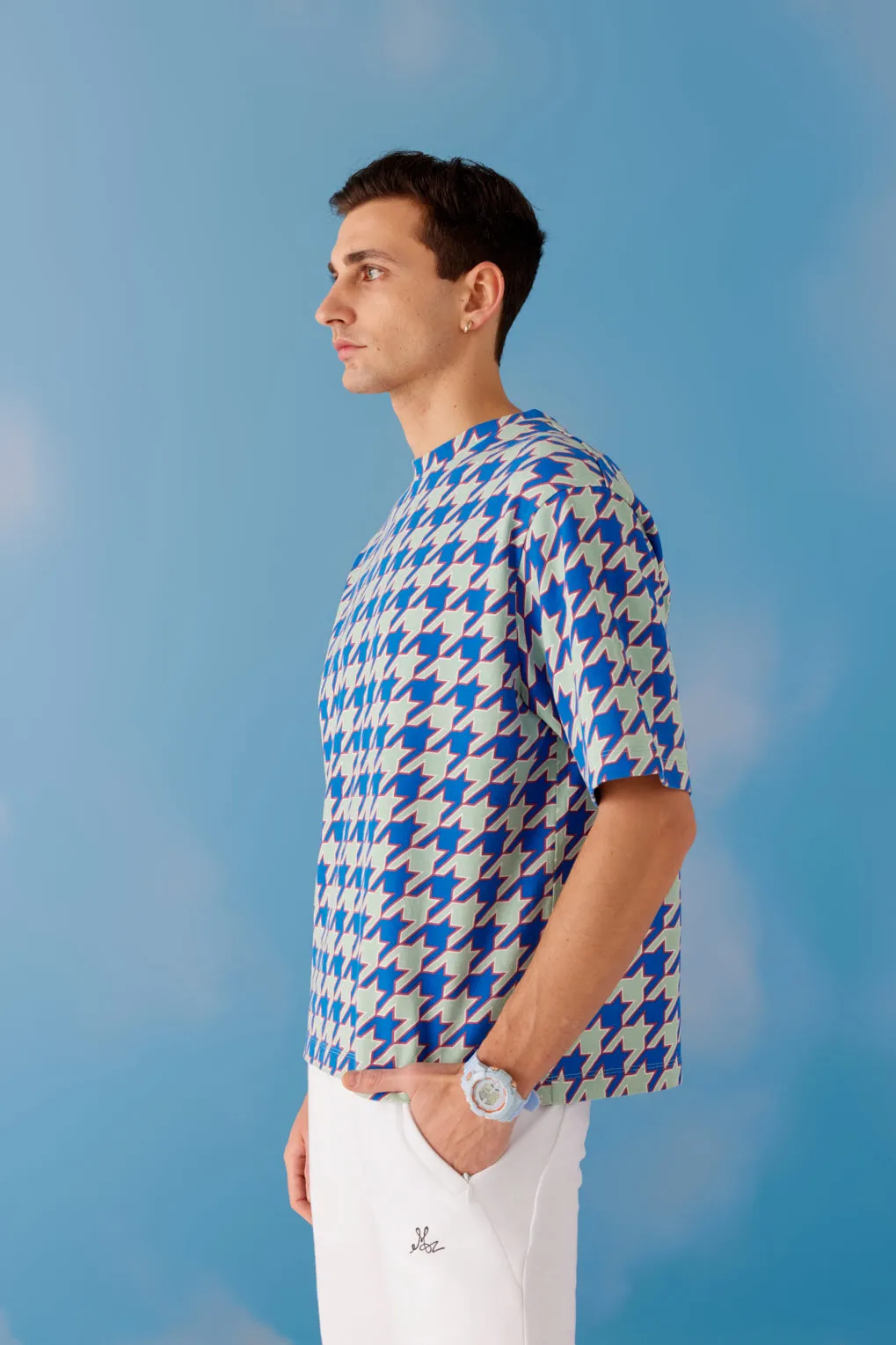 Houndstooth Oversized Unisex Tee - Blue