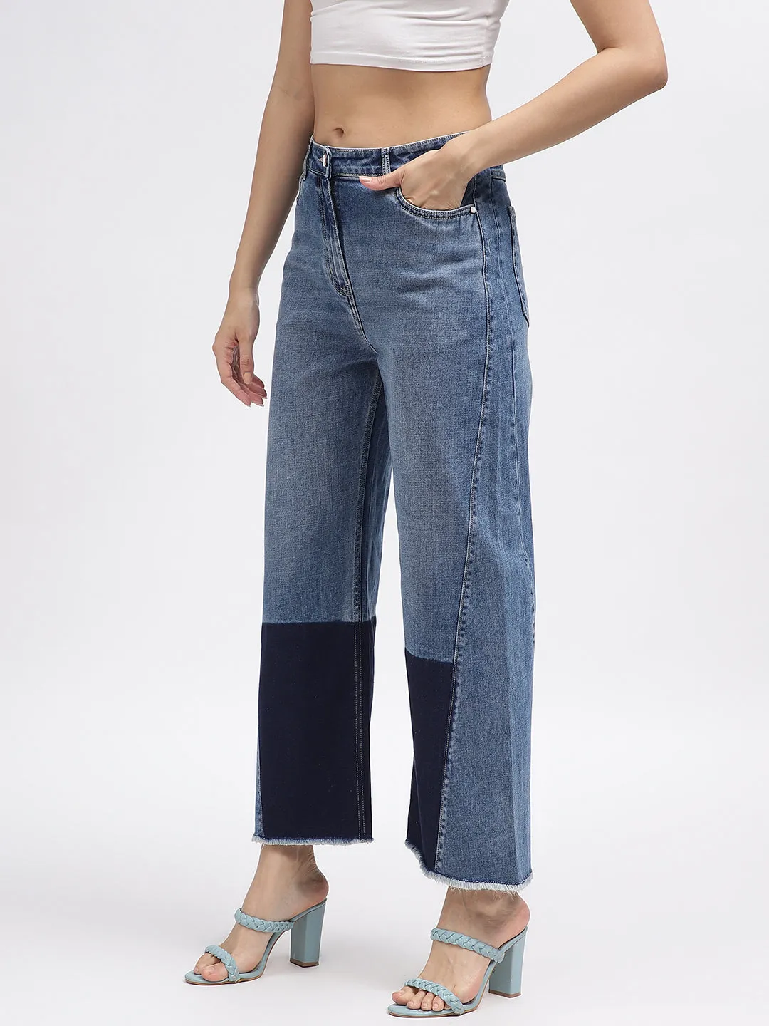 Iconic Women Blue Colour Blocked Flared Jeans