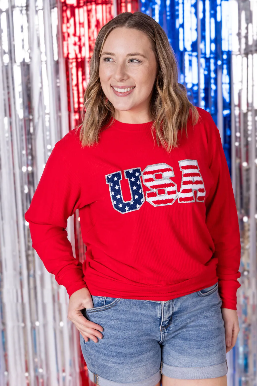 IN PRODUCTION Corrine Pullover Top - Red USA Flag