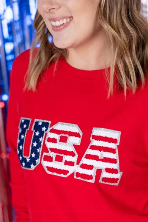 IN PRODUCTION Corrine Pullover Top - Red USA Flag
