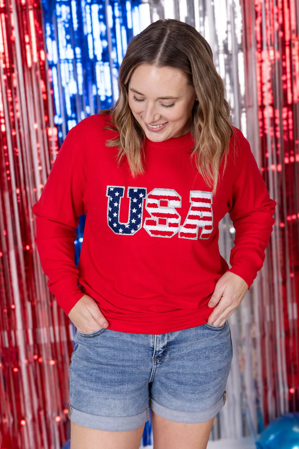 IN PRODUCTION Corrine Pullover Top - Red USA Flag