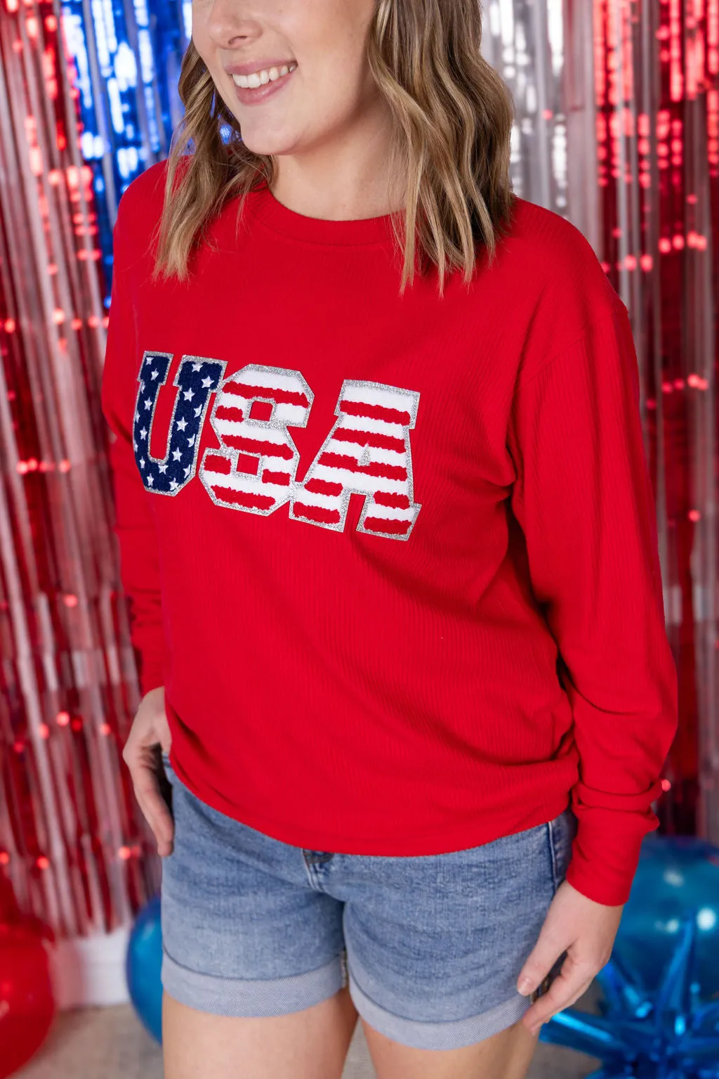 IN PRODUCTION Corrine Pullover Top - Red USA Flag