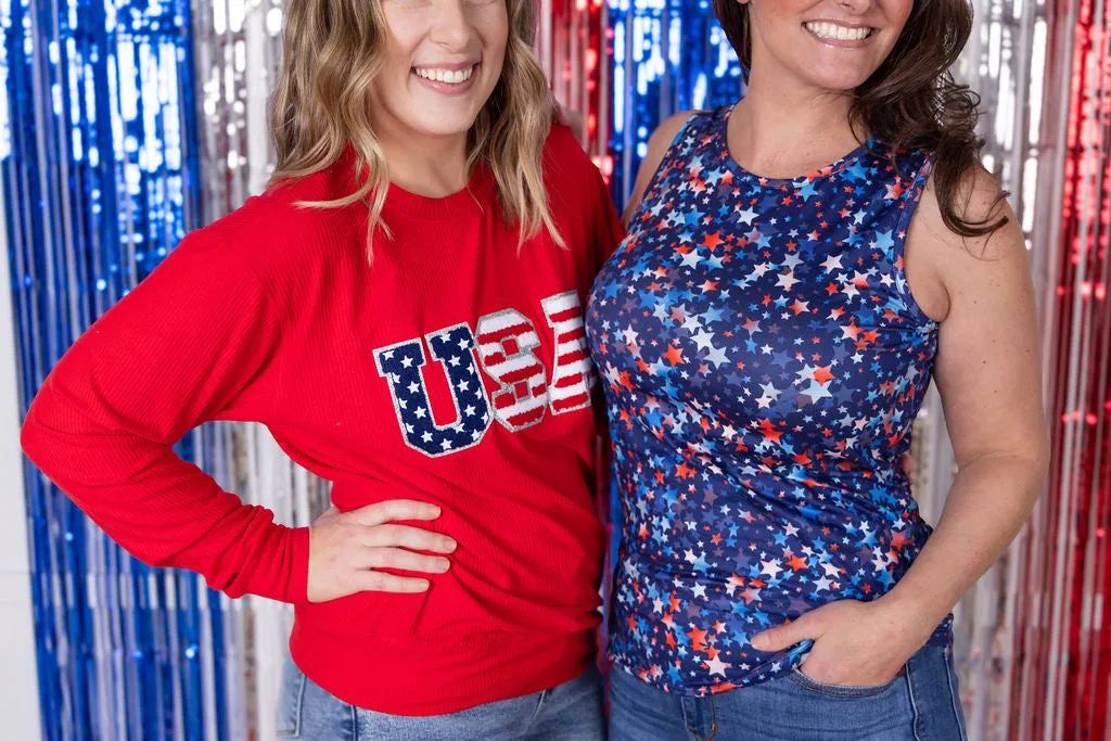 IN PRODUCTION Corrine Pullover Top - Red USA Flag