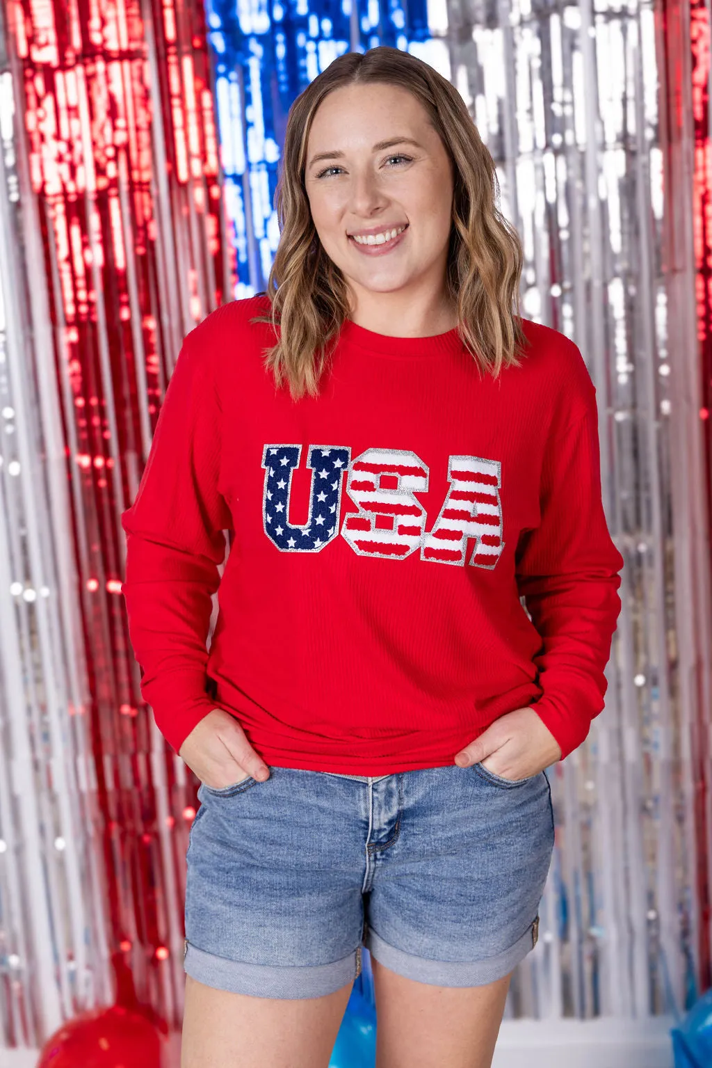 IN PRODUCTION Corrine Pullover Top - Red USA Flag