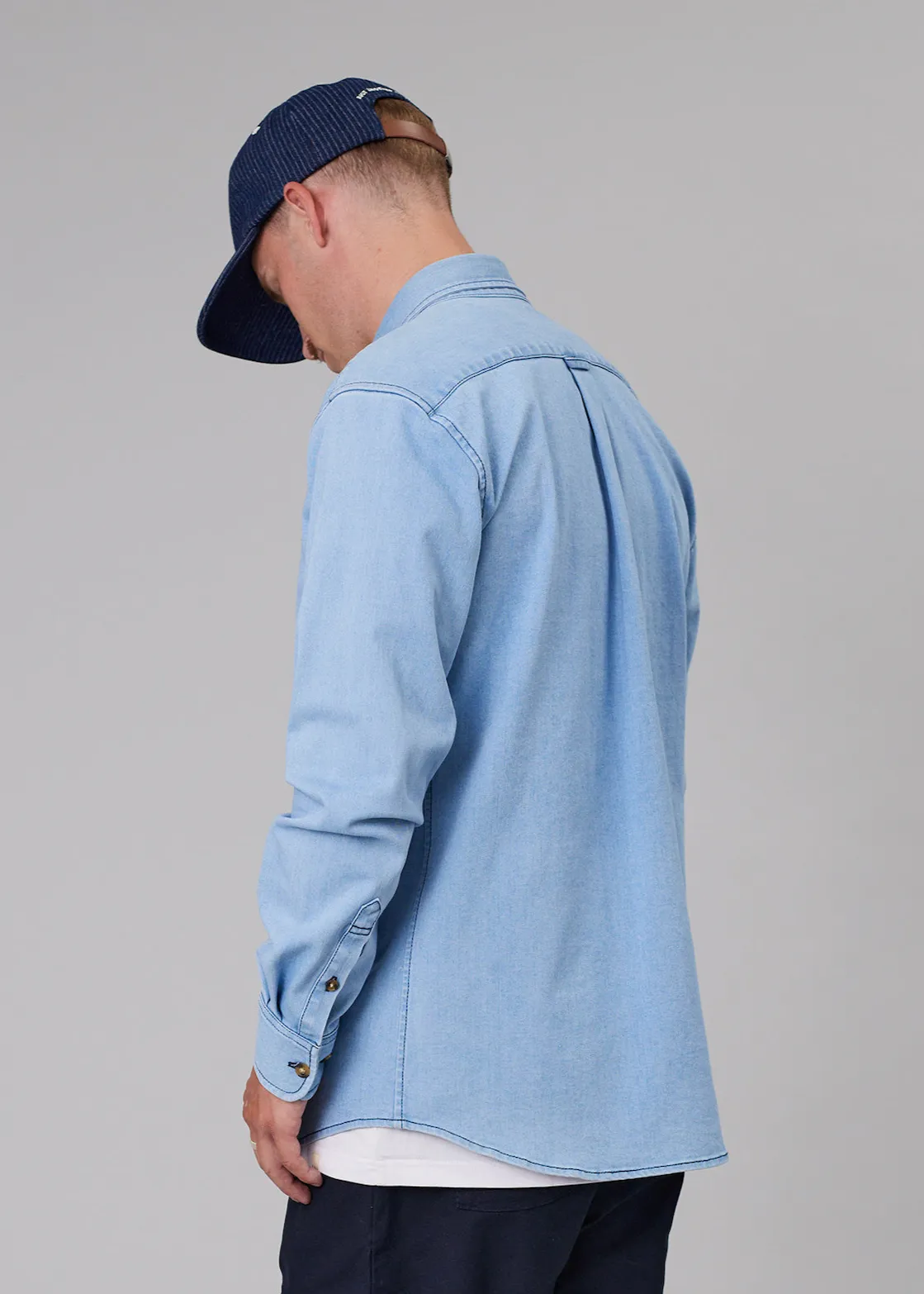 JUST ANOTHER FISHERMAN Stamp Denim Work Shirt - Light Blue