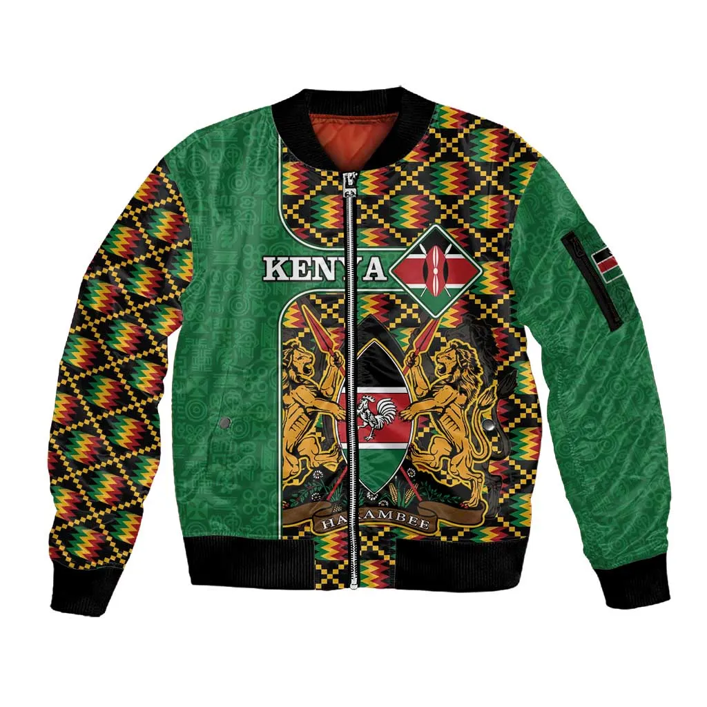 Kenya Sleeve Zip Bomber Jacket - Kente Pattern, Coat Of Arms Design LT15