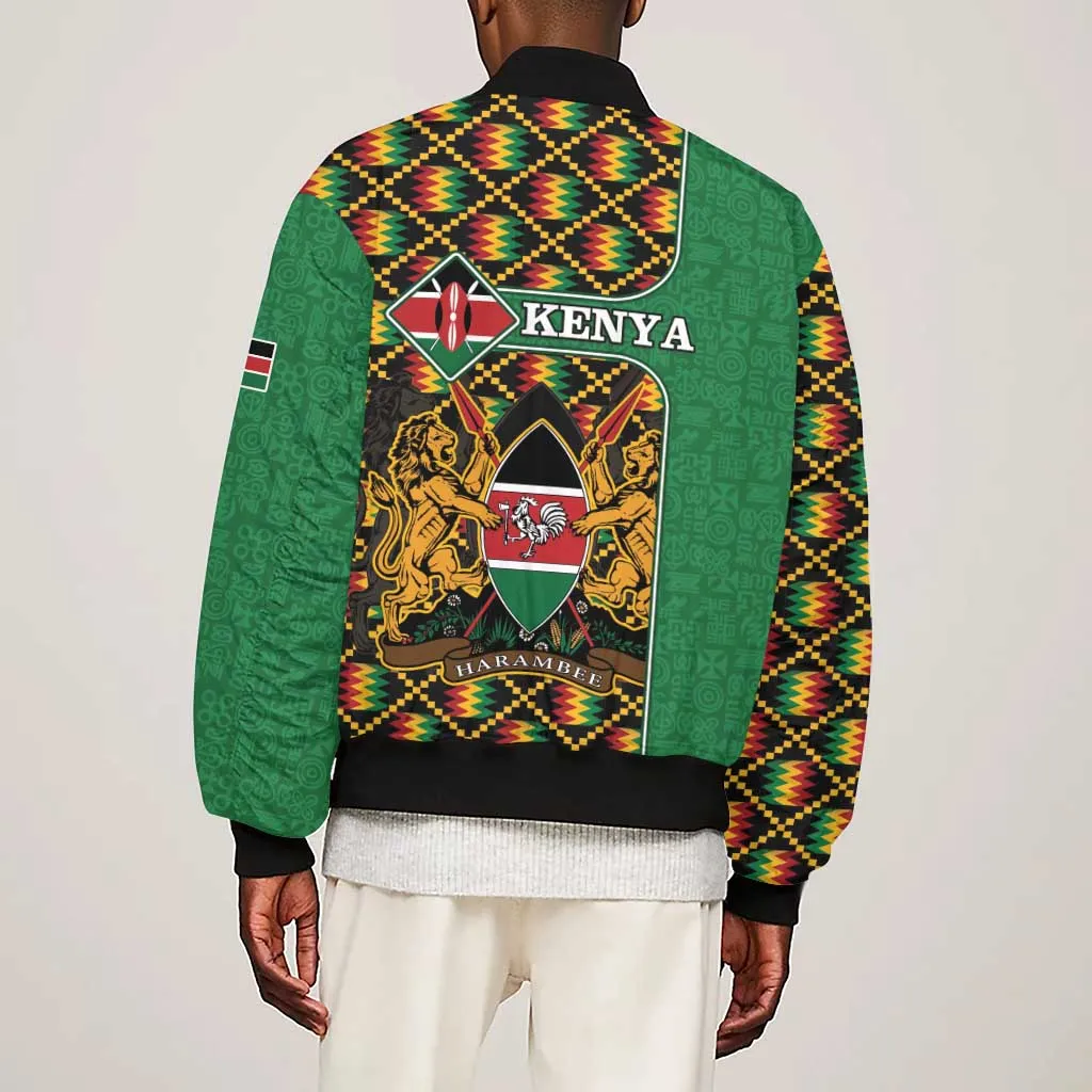 Kenya Sleeve Zip Bomber Jacket - Kente Pattern, Coat Of Arms Design LT15