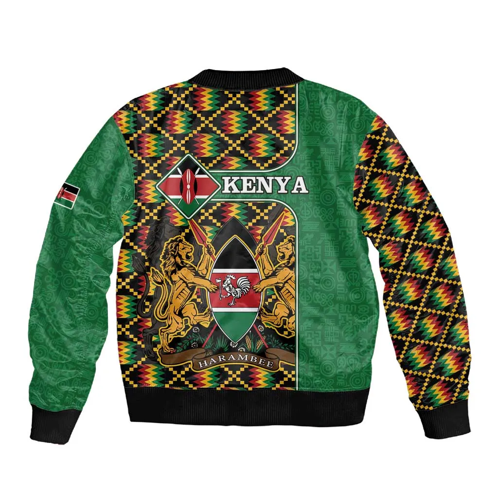 Kenya Sleeve Zip Bomber Jacket - Kente Pattern, Coat Of Arms Design LT15