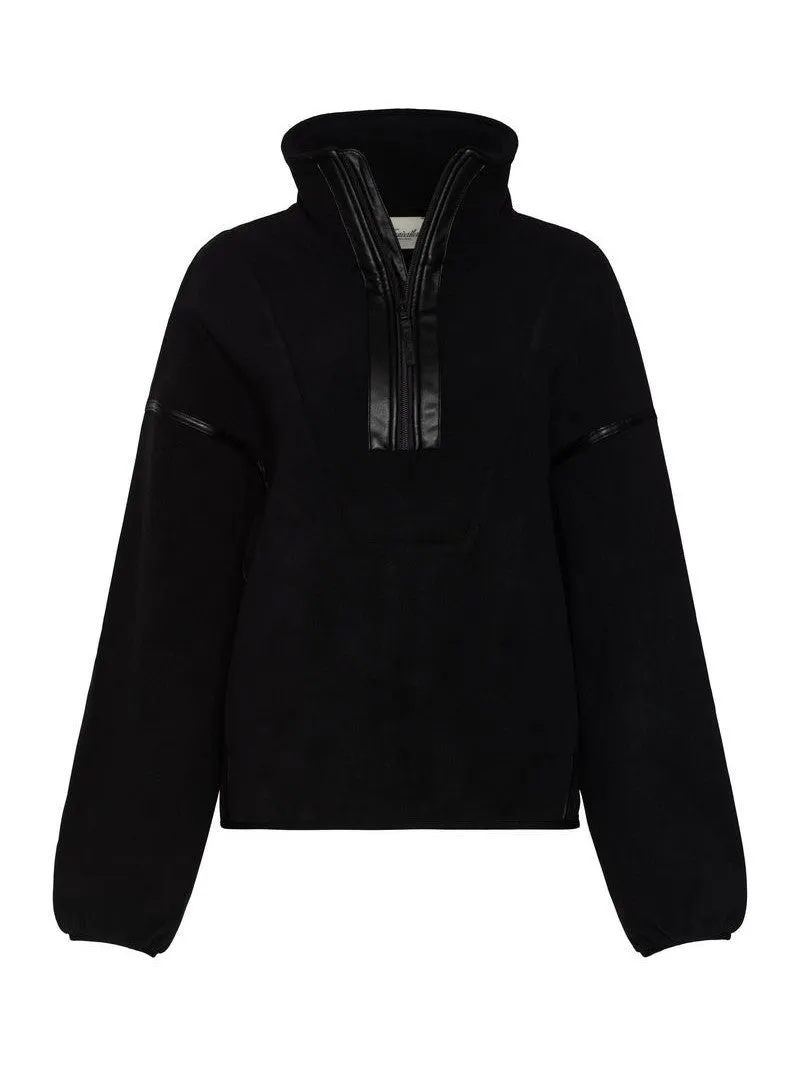 KUWALLA Fleece Leather Detail Half Zip Sweater