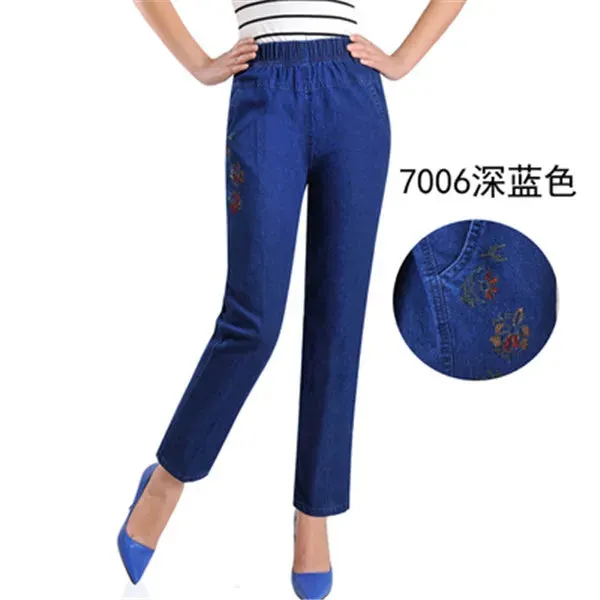 L-5XL Jeans Female 2022 Spring Summer New Embroidery Nine Denim Pants Slim High Waist Elasticity Casual Women Cowboy Pants H450