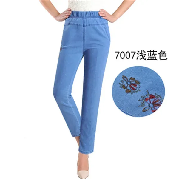 L-5XL Jeans Female 2022 Spring Summer New Embroidery Nine Denim Pants Slim High Waist Elasticity Casual Women Cowboy Pants H450