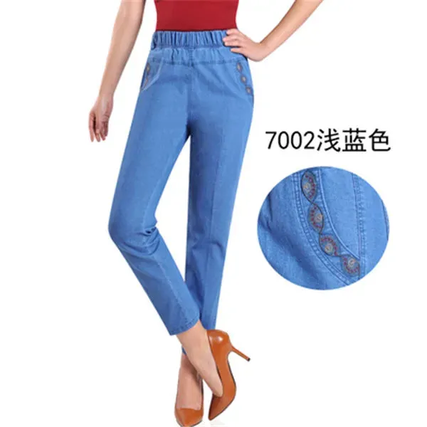 L-5XL Jeans Female 2022 Spring Summer New Embroidery Nine Denim Pants Slim High Waist Elasticity Casual Women Cowboy Pants H450