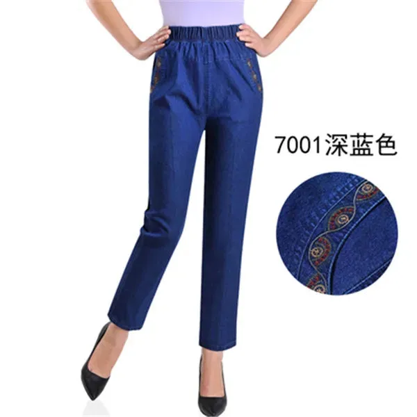 L-5XL Jeans Female 2022 Spring Summer New Embroidery Nine Denim Pants Slim High Waist Elasticity Casual Women Cowboy Pants H450