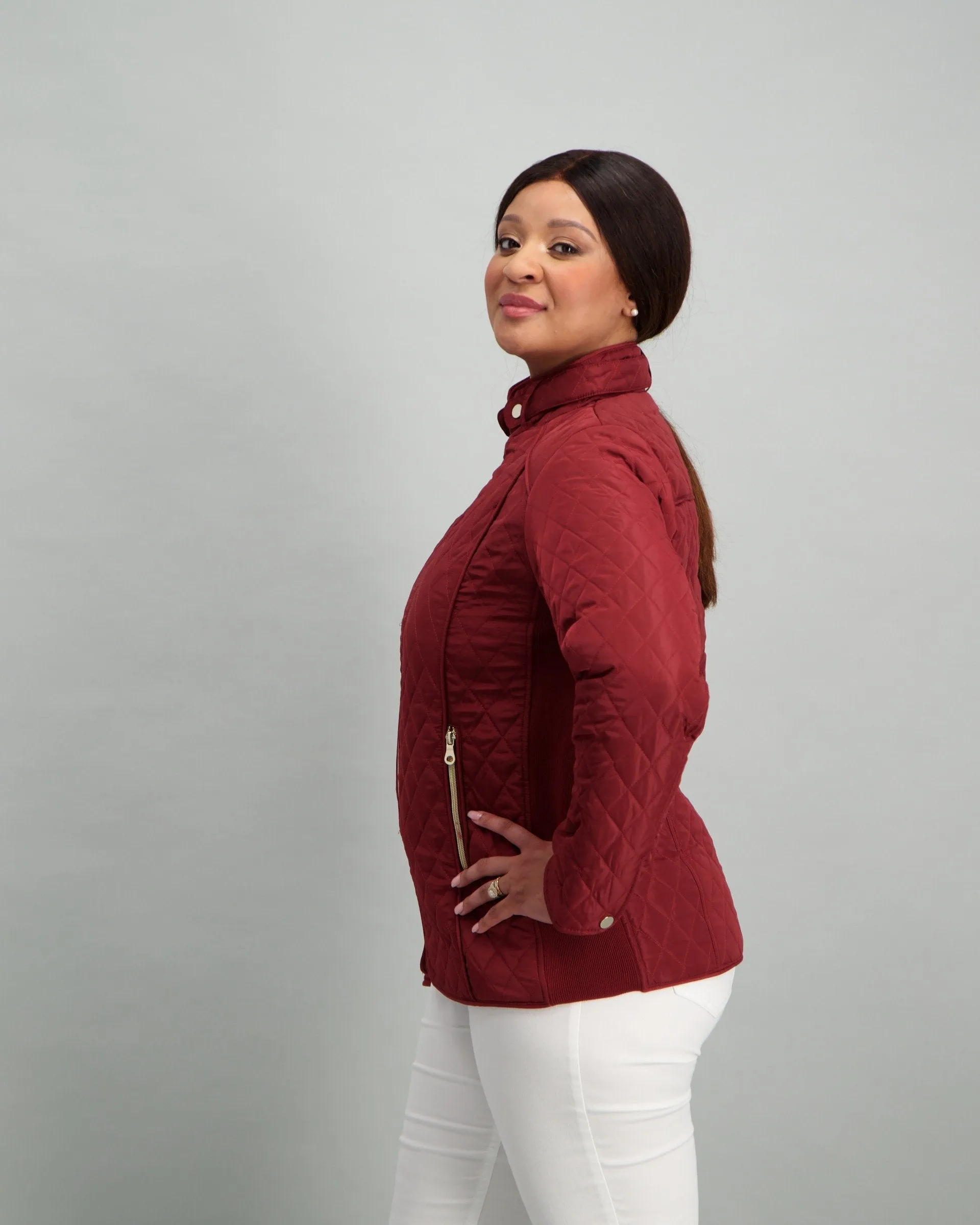 Ladies Quilted Puffer Jacket - Burgundy