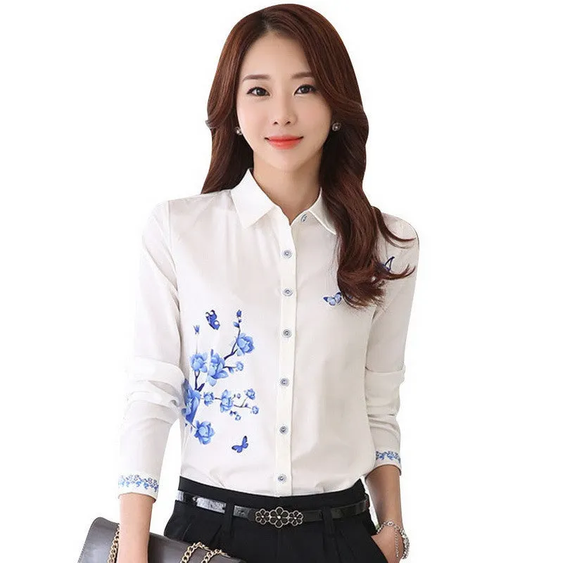 Lady White Shirts Formal Work Blouse Size S-3XL Women Printed Shirts Chiffon Blouse Slim Fit Lady Shirts
