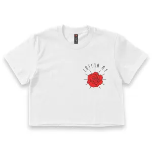 'Latina AF' Rose Crop Top Shirt - White - Premium Ring-Spun Cotton