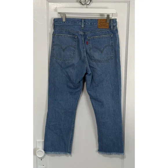 Levi’s PREMIUM Wedgie Straight Jeans Size 29 Button Fly Blue Distressed Raw Hem