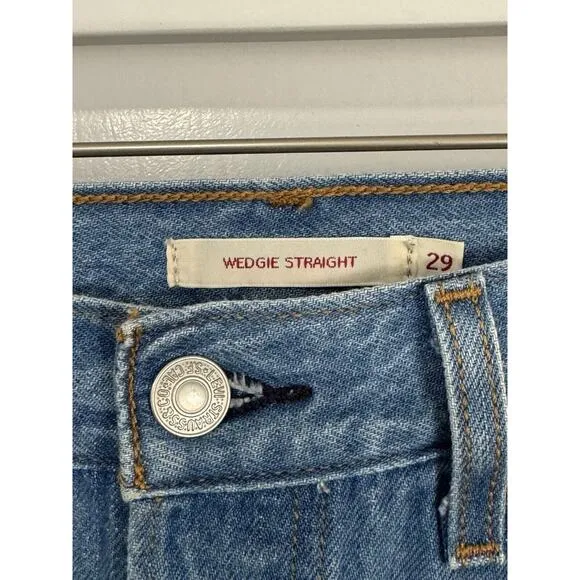 Levi’s PREMIUM Wedgie Straight Jeans Size 29 Button Fly Blue Distressed Raw Hem