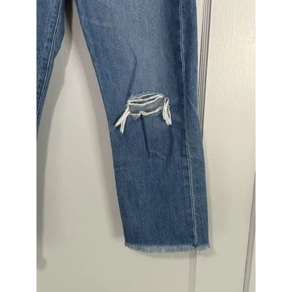 Levi’s PREMIUM Wedgie Straight Jeans Size 29 Button Fly Blue Distressed Raw Hem
