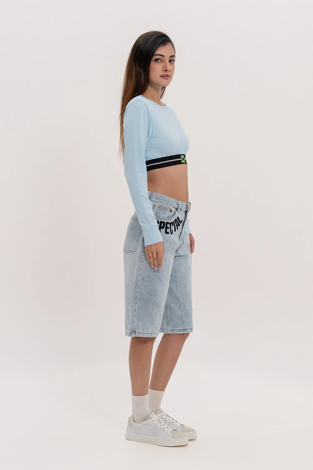Long Sleeve Back-Open Crop Top - Blue