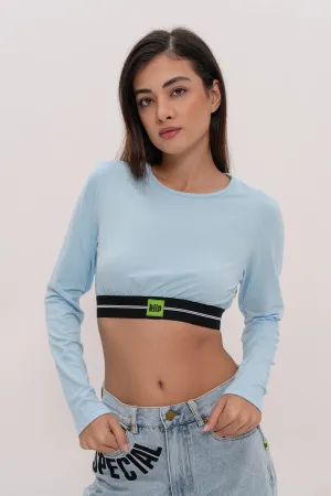 Long Sleeve Back-Open Crop Top - Blue
