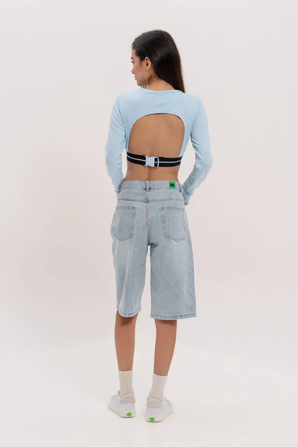 Long Sleeve Back-Open Crop Top - Blue