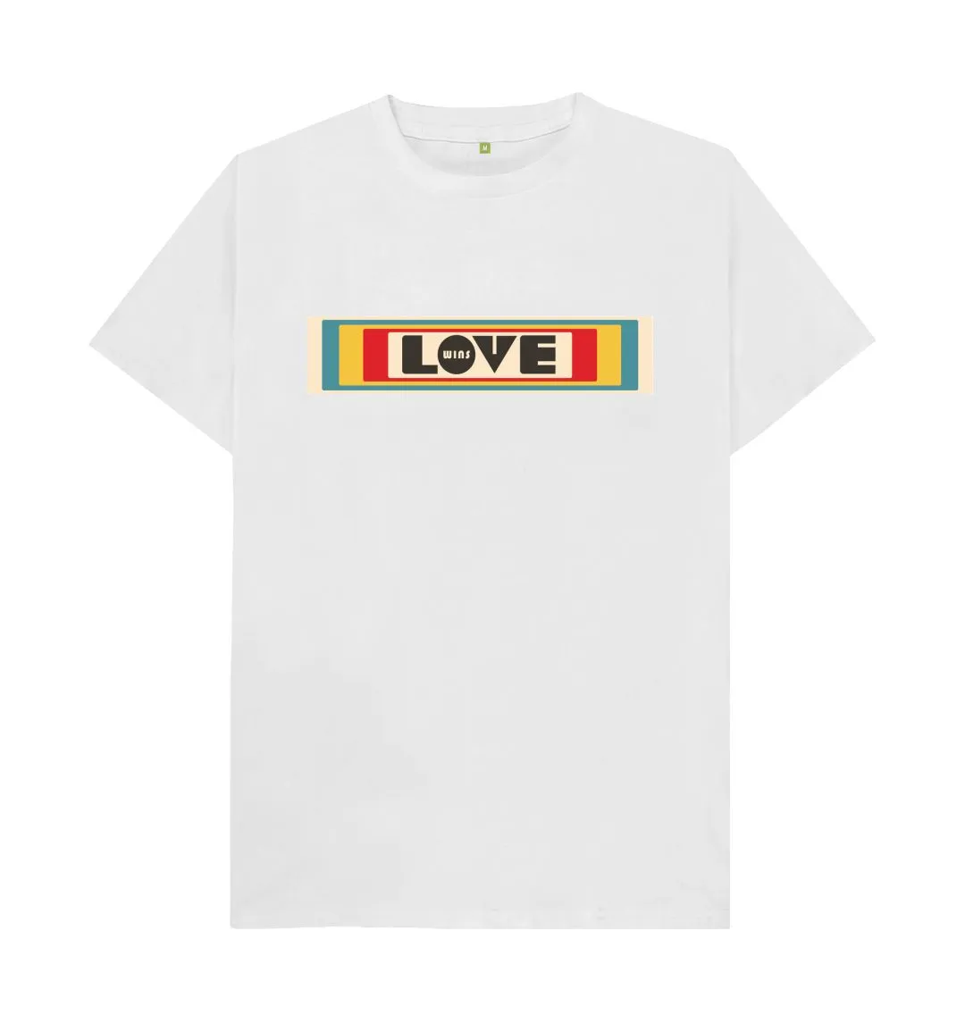 Love Wins retro organic mens tee black, white, pink, grey