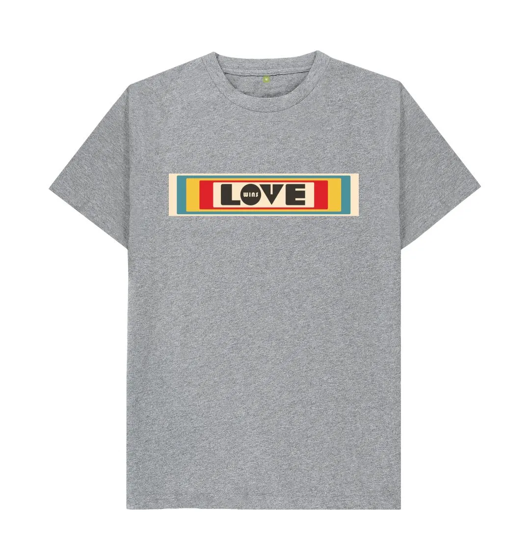 Love Wins retro organic mens tee black, white, pink, grey