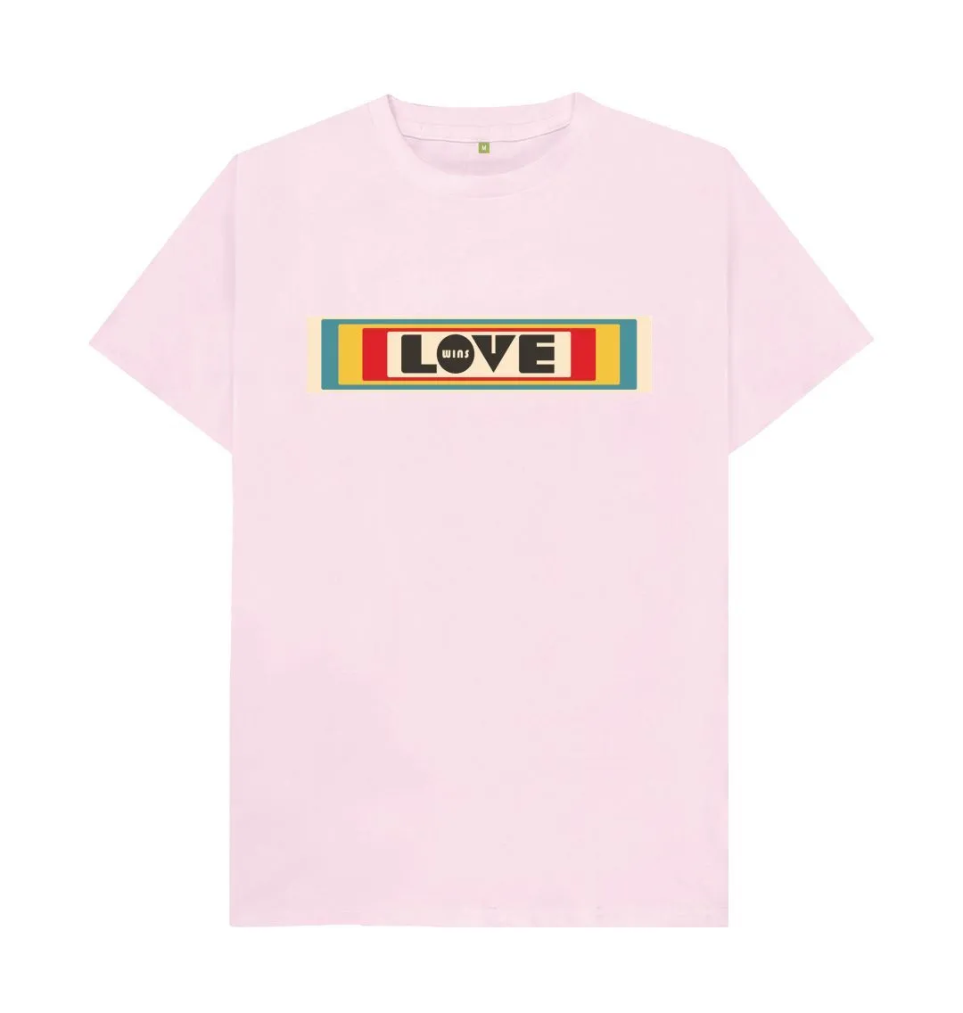 Love Wins retro organic mens tee black, white, pink, grey