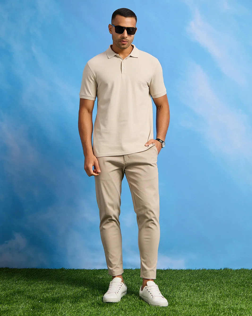 Men Beige Basic Polo Shirt